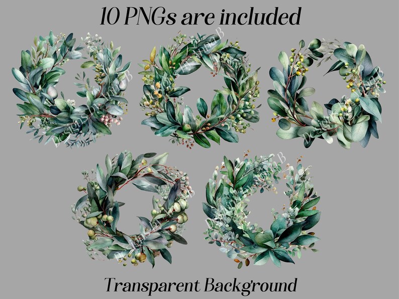 Eucalyptus Wreath Clipart: Watercolor Greenery Graphics (JPEG & PNG ...