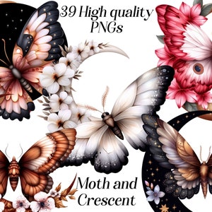 Aquarell Motte und Halbmond Clipart, 39 hochwertige PNG-Dateien, Motten Clipart, Blumen Schmetterling, Insekten Illustration, himmlische Motte Bilder