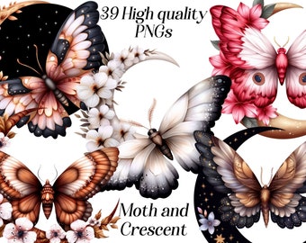 Watercolor Moth Clipart: Crescent Moon PNG Images (39 Files)