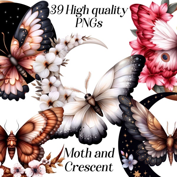 Watercolor Moth and Crescent clipart, 39 high quality PNG files, moth clipart, floral butterfly, insect illustration, celestial moth images