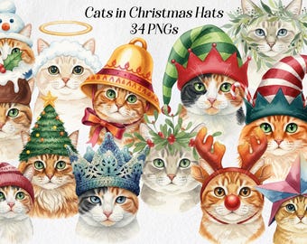 Funny Christmas Cats Clipart: Festive Holiday PNG Graphics (Digital Download)