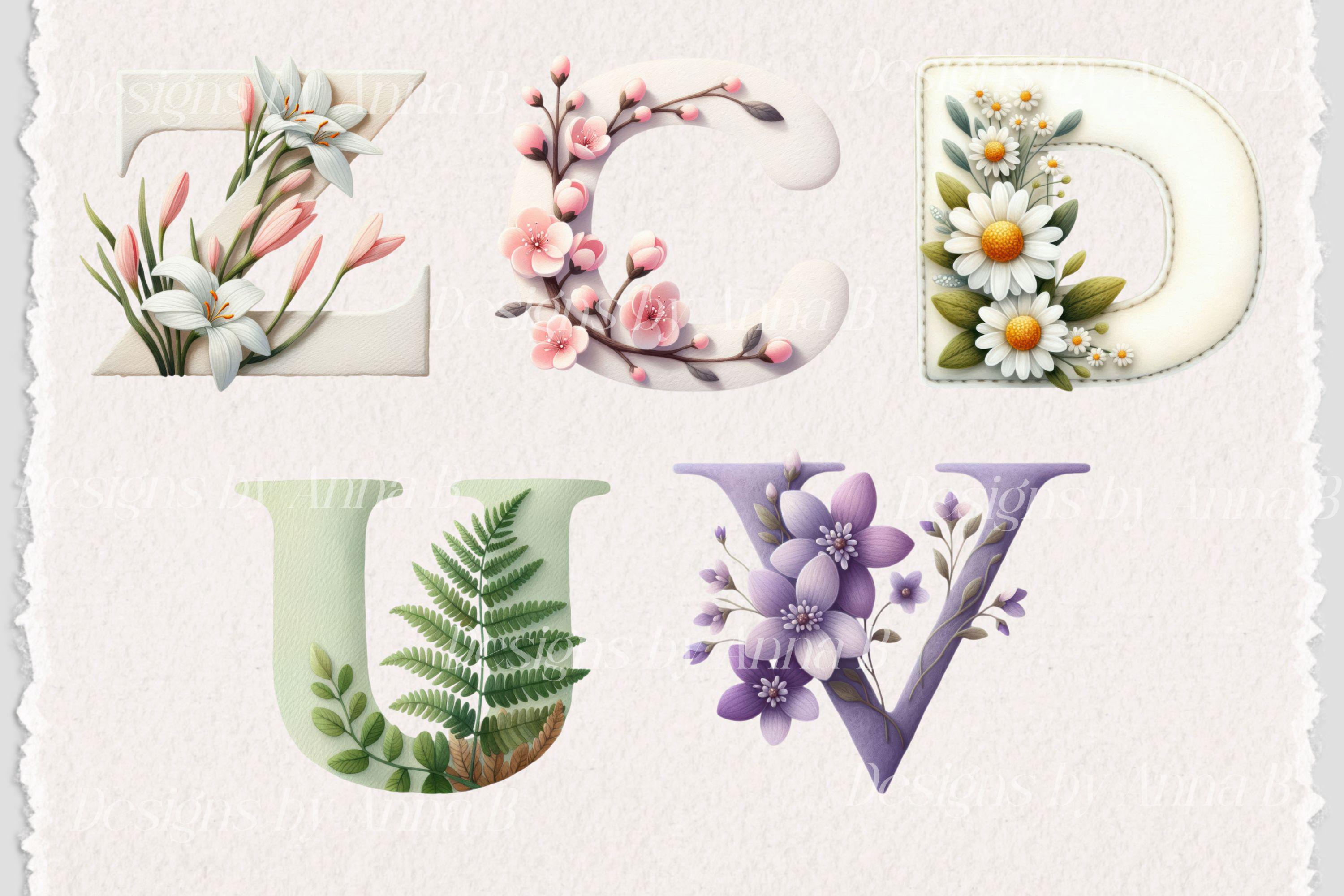 Pastel Floral Alphabet Clipart: Nursery Letter PNG Set (digital ...