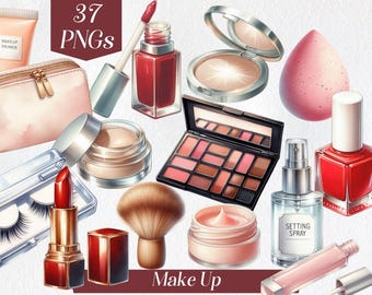 May include: A collection of 37 makeup products, including a makeup primer, eyeshadow palette, blush, lipstick, nail polish, setting spray, foundation, and makeup brushes. The products are arranged on a white background with the text "Make Up" at the bottom.
