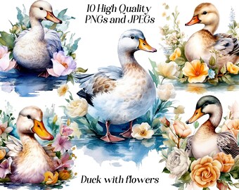 Floral Duck Clipart: Watercolor Cottagecore Bird Graphics (PNG, JPEG)
