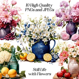 Kwiaty w wazonach w akwareli clipart, 10 wysokiej jakości plików JPEG i PNG, martwa natura, clipart kwiatowy, tworzenie kartek, scrapbooking