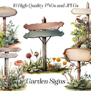 Aquarell Gartenschilder, 10 hochwertige JPEG- und PNG-Dateien, Cottagecore Clipart, rustikaler Garten Clip Art, druckbare Grafiken
