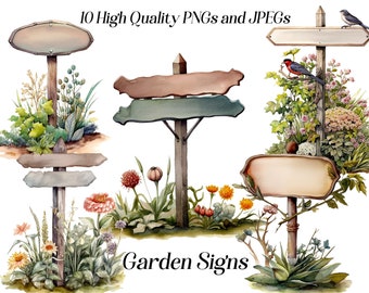 Watercolor garden signs clipart, 10 high quality JPEG and PNG files, cottagecore clipart, rustic garden clip art, printable graphics