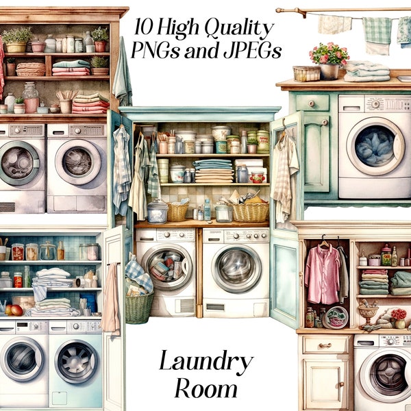 Watercolor laundry room clipart, 10 high quality JPEG and PNG files, washing machine, housekeeping clip art, printable graphics, planner