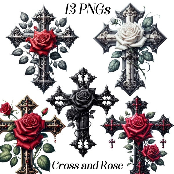 Acuarela Cruz Gótica y Rosa clipart, 13 archivos PNG, clip art gótico, cruz floral, rosas rojas, cruz negra, gráficos imprimibles, gótico