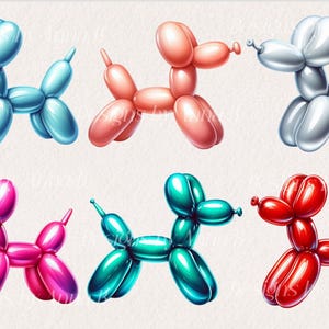 May include: A set of ten balloon animal dog sculptures in various colors, including blue, pink, silver, red, and green. The balloon animals are all in the same pose, with their heads tilted to the side and their tails curled up.