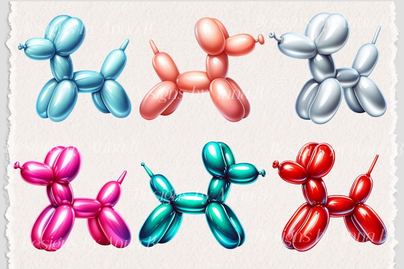 May include: A set of ten balloon animal dog sculptures in various colors, including blue, pink, silver, red, and green. The balloon animals are all in the same pose, with their heads tilted to the side and their tails curled up.