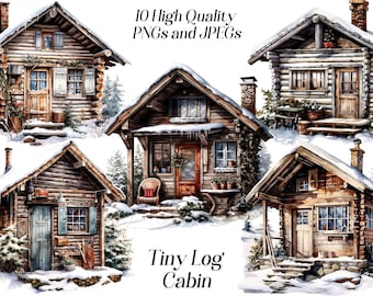 Watercolor Log Cabin Clipart: Winter Cottage PNG, JPEG (Digital Download)