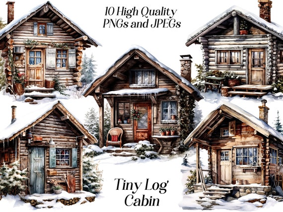 Watercolor Log Cabin Clipart: Winter Cottage PNG, JPEG (Digital Download)