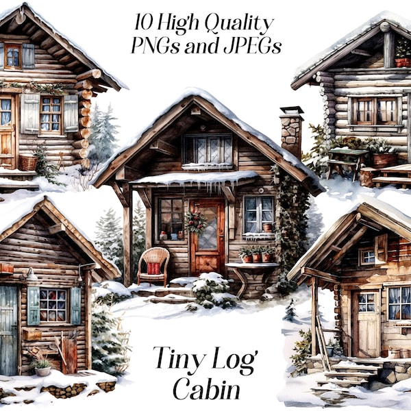 Watercolor log cabin clipart, 10 high quality JPEG and PNG files, forest house clipart, tiny cottage clip art, winter lodge, printable