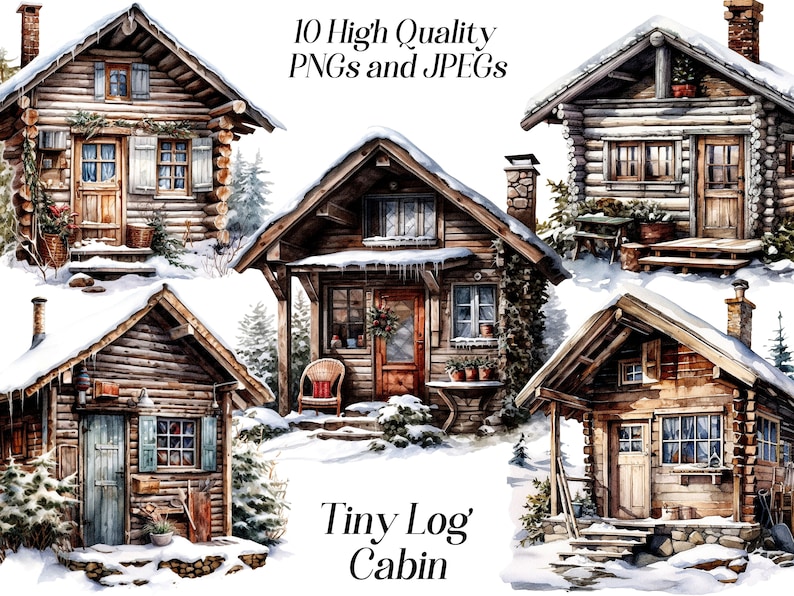 Puede incluir: Cinco ilustraciones de acuarela de peque&ntilde;as caba&ntilde;as de madera en un entorno invernal nevado. Cada caba&ntilde;a tiene un dise&ntilde;o &uacute;nico y presenta una puerta principal, ventanas y un techo cubierto de nieve. El texto "Tiny Log Cabin" se muestra en la parte inferior de la imagen.