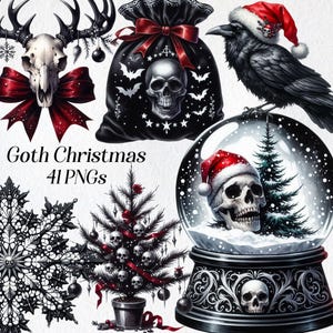 Gothic Weihnachten Cliparts, Aquarell Goth Clip Art, png, schwarze xmas Illustration, gruselig, Schädel, Rabe, digitaler Download, druckbare Grafik