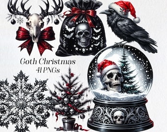Op de afbeelding: Een set van 41 digitale afbeeldingen met een gotisch kerstthema. De afbeeldingen bevatten een schedel met geweien, een zwart-witte schedel met vleermuizen, een zwarte raaf, een sneeuwbol met een schedel erin, een kerstboom met schedels en rode strikken en een sneeuwvlok.