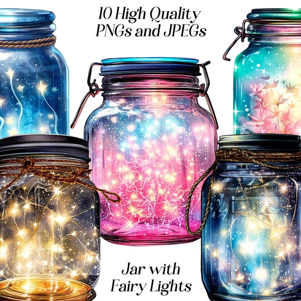 Watercolor jar with fairy lights clipart, 10 high quality JPEG and PNG files, fantasy clip art, magic lights, glowing lights, printables