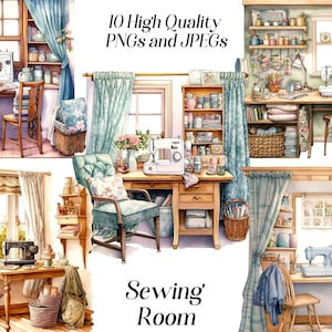 Imágenes prediseñadas de la sala de costura de acuarela, 10 archivos JPEG y PNG de alta calidad, sala de manualidades, imágenes prediseñadas de hobby, scrapbooking, imprimibles