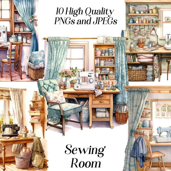 Watercolor sewing room clipart, 10 high quality JPEG and PNG files, crafts room, hobby clip art, scrapbooking, printables