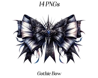 Watercolor Gothic Bow Clipart: Black Bow Illustration (14 PNG Files)