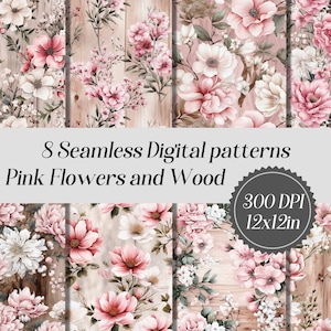 Peut inclure: Huit motifs num&eacute;riques sans couture repr&eacute;sentant des fleurs roses et du bois. Les motifs mesurent 12x12 pouces et 300 DPI.