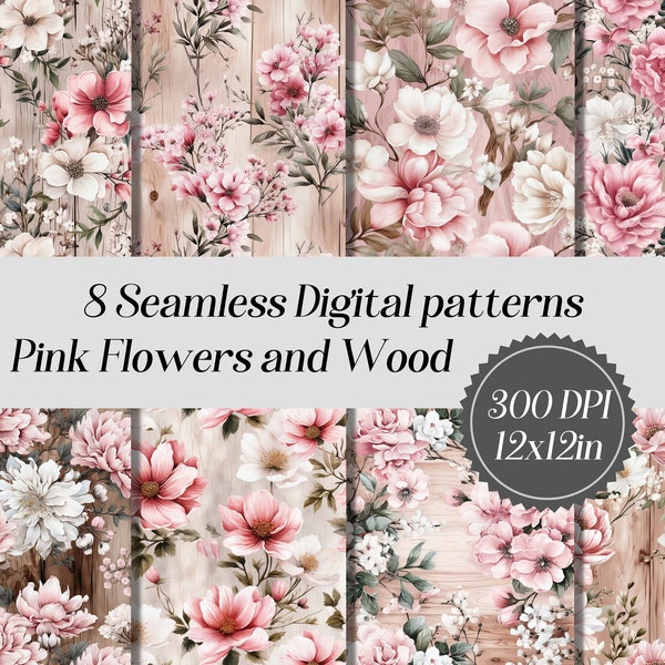 Pink Flowers and Wood Seamless Digital pattern, 8 high quality JPEG files, floral background, wood texture pattern, printable paper