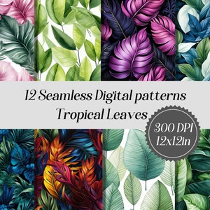 Digitales nahtloses Muster tropische Blätter des Aquarells, 12 hochwertige JPEG Dateien, bedruckbares Papier, Dschungel Thema, Grün, Sublimation