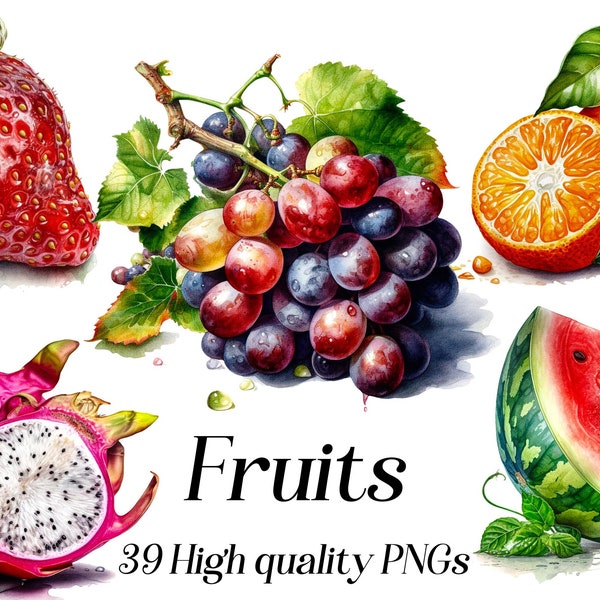 Watercolor fruits clipart, 39 High Quality PNGs, Tropical Fruits, Summer fruits, Fruits PNGs, Healthy food clipart