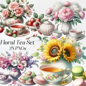 Floral Tea Set Clipart - Elegant Tea Cups, Teapots, and Floral Designs PNG, Vintage Tea Party Illustrations, Botanical Tea Art