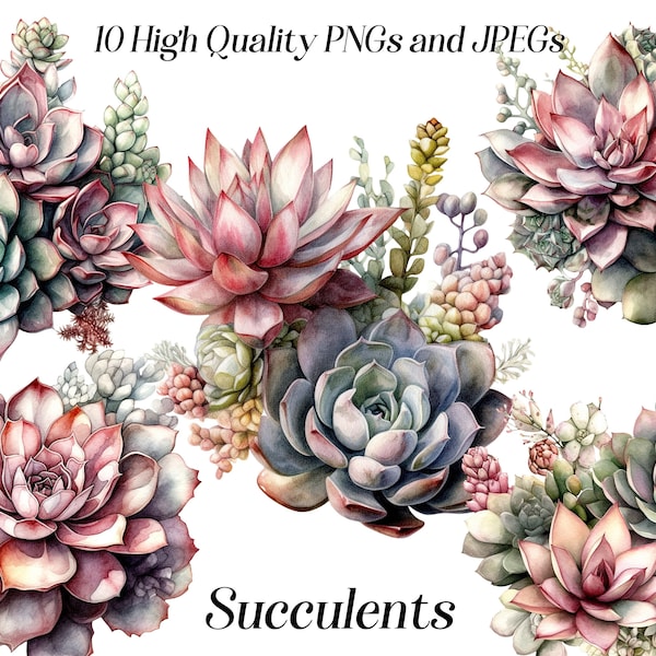 Watercolor succulents clipart, 10 high quality JPEG and PNG files, botanical clipart, green plants clip art, digital download, printables.