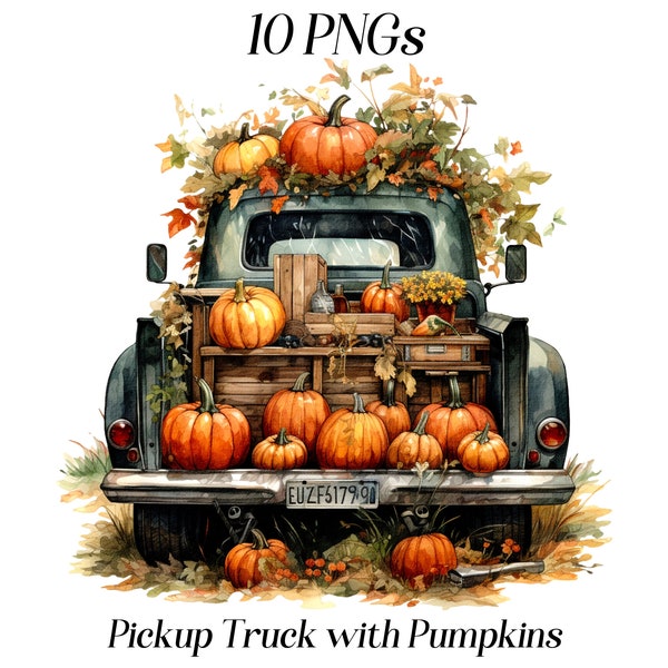 Watercolor pickup truck clipart, 10 high quality JPEG and PNG files, pumpkins harvest, fall clipart, autumn scenery, farm life