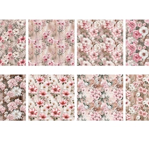 Peut inclure: Un pack de papier num&eacute;rique avec huit motifs sans couture repr&eacute;sentant des fleurs roses et blanches sur un fond en bois.