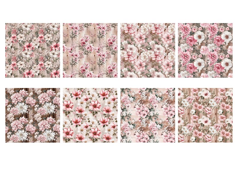 Peut inclure: Un pack de papier num&eacute;rique avec huit motifs sans couture repr&eacute;sentant des fleurs roses et blanches sur un fond en bois.