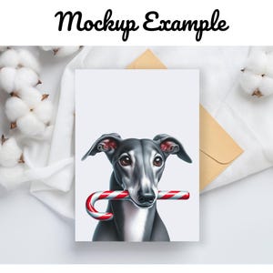 May include: A black and white dog with a red and white candy cane in its mouth. The dog is looking at the camera. The image is a digital illustration.