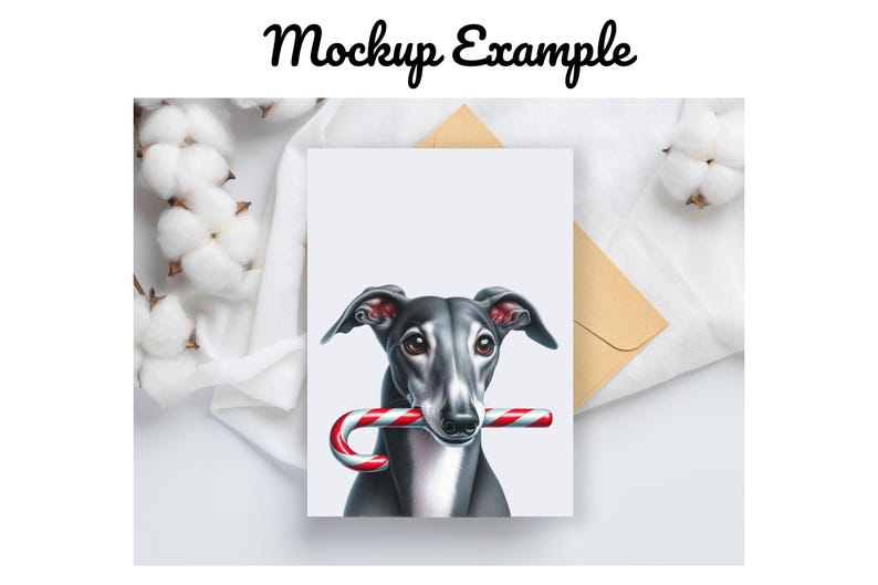 May include: A black and white dog with a red and white candy cane in its mouth. The dog is looking at the camera. The image is a digital illustration.