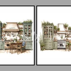 Puede incluir: Dos ilustraciones de acuarela de cocinas con armarios verdes, encimeras de madera y un fregadero de granja. La primera cocina tiene una cocina con una campana encima y una mesa peque&ntilde;a con dos sillas. La segunda cocina tiene un armario grande con puertas de vidrio y una cocina con una campana encima.