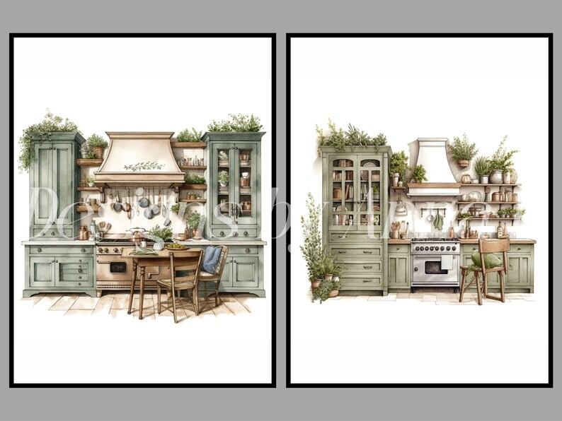 Puede incluir: Dos ilustraciones de acuarela de cocinas con armarios verdes, encimeras de madera y un fregadero de granja. La primera cocina tiene una cocina con una campana encima y una mesa peque&ntilde;a con dos sillas. La segunda cocina tiene un armario grande con puertas de vidrio y una cocina con una campana encima.