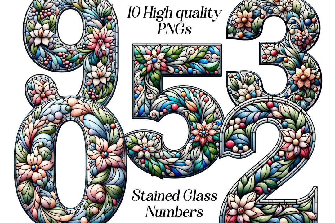 Watercolor Stained Glass Numbers Clipart, 10 High Quality PNG Files