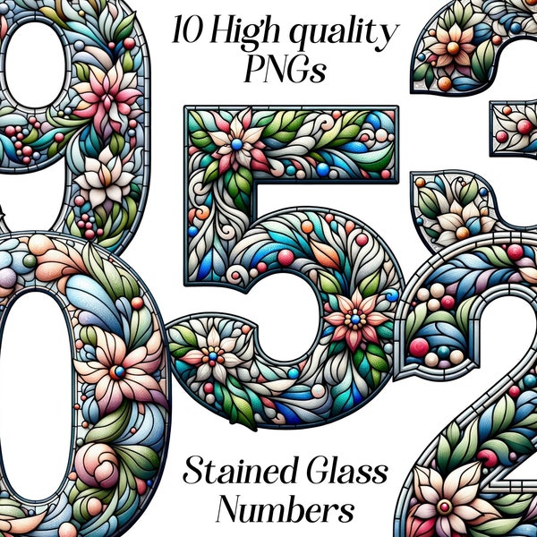 Watercolor Stained Glass Numbers clipart, 10 high quality PNG files, number images, floral design, printable graphics, sublimation design