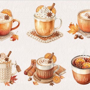 May include: Watercolor illustration of six warm beverages, including lattes and mulled wine, with cinnamon sticks, star anise, and orange slices. The drinks are in mugs and glasses, some with whipped cream, and are set on coasters with autumn leaves and acorns.
