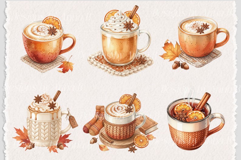 May include: Watercolor illustration of six warm beverages, including lattes and mulled wine, with cinnamon sticks, star anise, and orange slices. The drinks are in mugs and glasses, some with whipped cream, and are set on coasters with autumn leaves and acorns.