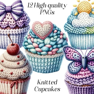 Clipart de cupcakes en tricot aquarelle, 12 fichiers PNG de haute qualité, desserts mignons, pastel, gâterie sucrée, crochet, tricot, illustration, imprimables