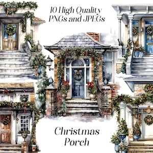 Watercolor Christmas Porch clipart, 10 high quality JPEG and PNG files, xmas clip art, Christmas decor, card making, collage, printables