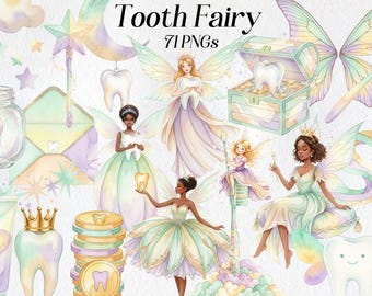 Tooth Fairy Clipart: Pastel Watercolor Fairies PNG Bundle (Digital Download)