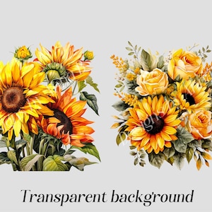 May include: Two bouquets of yellow and orange sunflowers and roses. The bouquets are arranged in a symmetrical pattern with the sunflowers in the center and the roses on the outside. The flowers are painted in a realistic style with a watercolor effect.