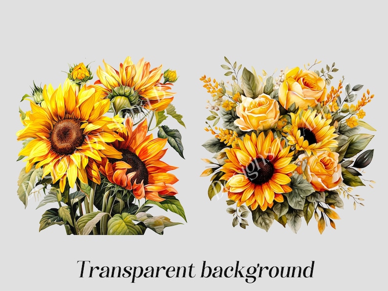 May include: Two bouquets of yellow and orange sunflowers and roses. The bouquets are arranged in a symmetrical pattern with the sunflowers in the center and the roses on the outside. The flowers are painted in a realistic style with a watercolor effect.