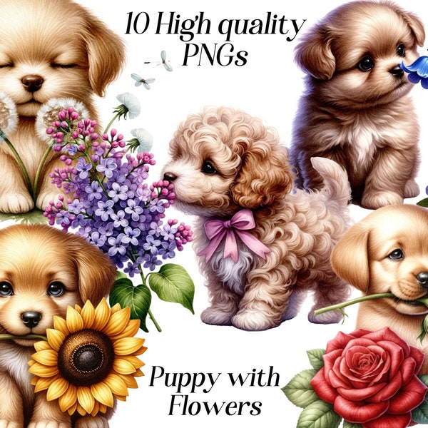 Watercolor Puppy with Flowers clipart, 10 high quality PNG files, cute dog, pet clipart, floral clipart, printable images