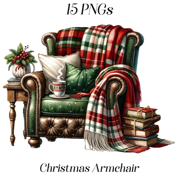 Clipart aquarelle de fauteuils de Noël, 15 fichiers PNG de haute qualité, graphiques de Noël, chaise confortable avec couverture, vacances d'hiver, produits à imprimer