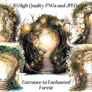 Aquarelle forêt enchantée Clipart, 10 fichiers JPEG et PNG de haute qualité, porte de la forêt, clipart magique, conte de fées, entrée secrète du jardin